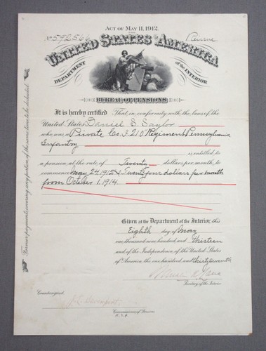 1913 US-Rentenbescheinigung für Daniel S. Saylor, Pvt. Co. I. 210th Penn. INF