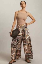 Farm Rio x Anthropologie Printed Wide-Leg Pants Size XS Brown Patchwork New