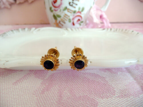 Vintage Amethyst Earrings 14k Gold~Screw-In! Dainty Flower Shaped Setting~PURPLE - Picture 2 of 11