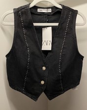 Denim Western Vest Gilet In Black With Studded Details Size Xs New