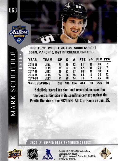 5 CARD LOT - 2020-21 Upper Deck Extended Series - Mark Scheifele #663 - Image 2 of 2