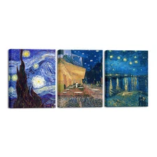 3 Panels Canvas Prints of Van Gogh Starry Night Cafe Terrace at Night Wall Art