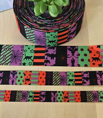 5/8, 7/8 & 1.5'' (1 YD) Halloween Grosgrain Ribbon Witch Hat Spiders Hair Bow