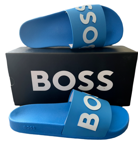 Boss Men's Bay Logo Slides - Blue - Size 9 - Bright Blue