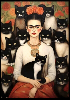 FRIDA KAHLO And The Cats   16x20''    Water Color Style HQ Portrait Print - RARE