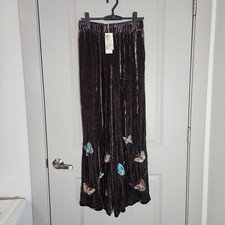 365 NEW Johnny Was Velvet Wide Leg Pants Women XS Butterfly Embroidered Brown