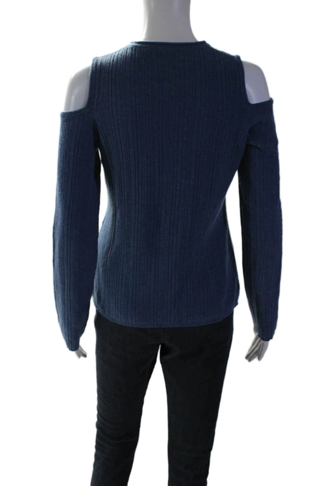Elie Tahari Womens Wool Ribbed Cold Shoulder Knitted Sweater Blue Size S - Image 3 of 4