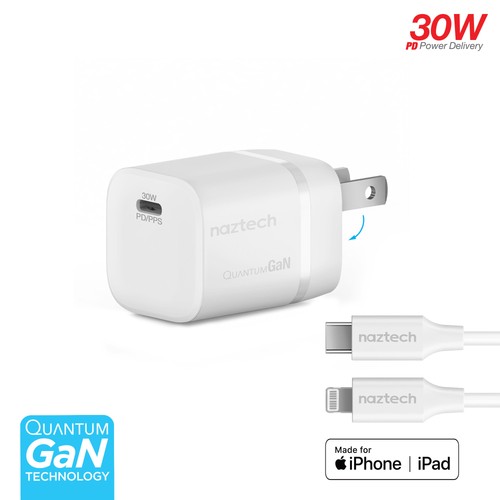 Naztech Nexus M30 30W PD GaN Wall Charger & 6ft MFi USB C Lightning Cable White