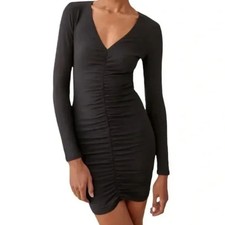 NWT Reformation Cally Stretch Cotton Long Sleeve Mini Dress Ruched Black sz M