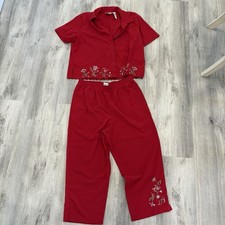 VTG 2 piece set wide leg pant embroidered button top Womens L Red Floral Cottage