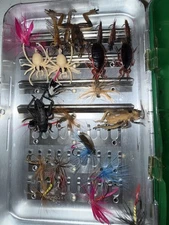 Vintage Perrine Quality Aluminum Fly Box w/56 Assorted Poppers, Flies, Bugs Etc.