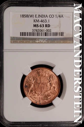 India: 1858(W) EIC 1/4A - KM-463.1  NGC MS 63 RB - Scarce  No Reserve  #SLi457