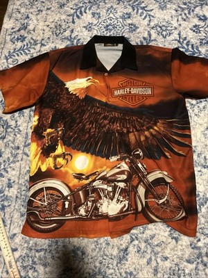 Harley Davidson Shirt Men Large Orange Flames SCREAMIN EAGLE All Over Print