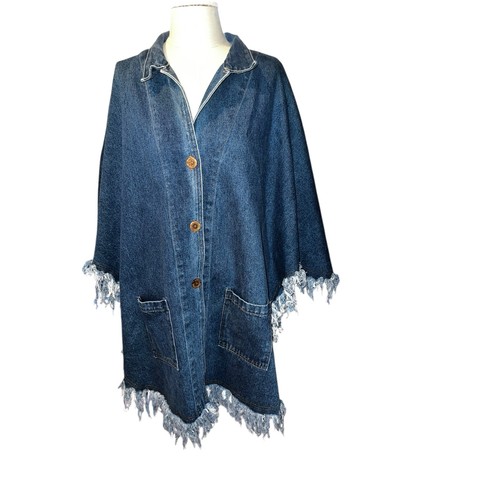 Vintage Y2K Damen Denim Fransen ausgefranster Poncho Shacket Oversized Rama Gr. Large - Bild 2 von 7