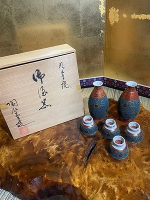 Kutani Ware Sake Set Ryozan Kiln Gold Blue Arabesque Tokkuri Cups 6pc