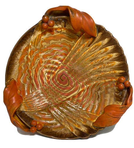 Czech Art Deco Pottery Atomic Chrome Orange Swirl Bull's Eye Target Pop Bowl