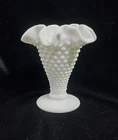VTG Fenton White Milk Glass Hobnail Trumpet Vase Ruffled Double Crimped Edge 4"