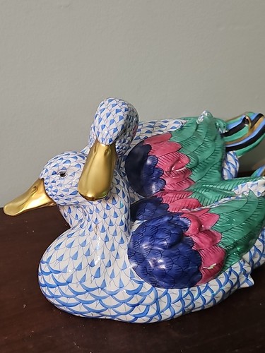 FIGURA HEREND PAR DE PATOS RED AZUL DISEÑO 24K 11,5 PULGADAS L - Imagen 2 de 10