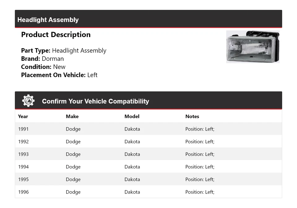 For 1991-1996 Dodge Dakota Dorman Headlight Assembly Left 1992 1993 1994 1995 - Image 2 of 4