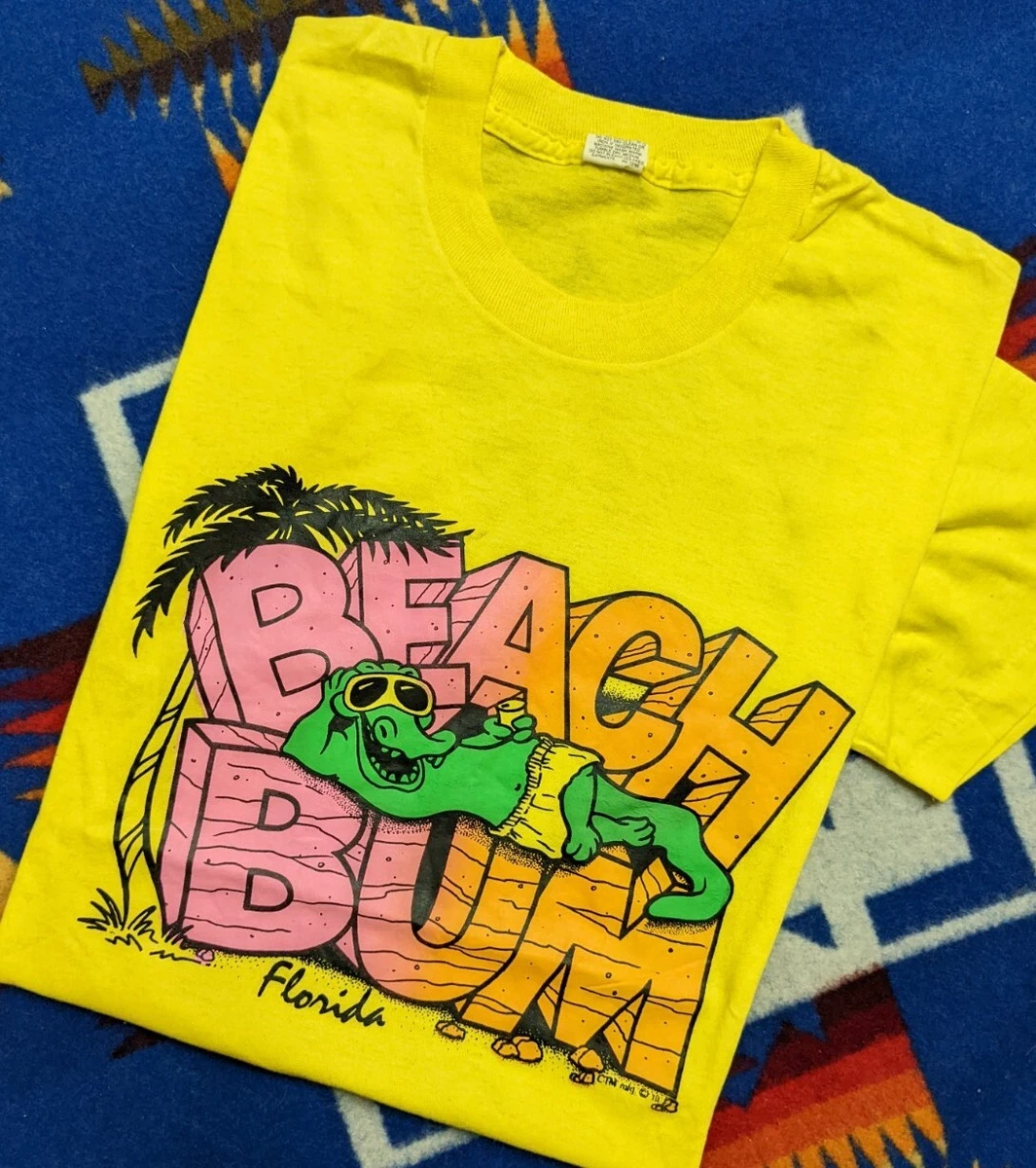 VTG 80s Screen Stars USA Beach Bum Florida Alligator Heat Press Print  T-Shirt M