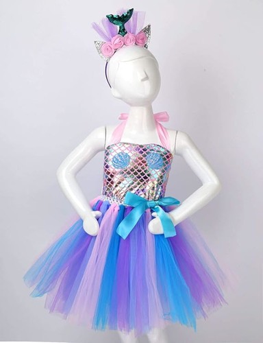 Mädchen Meerjungfrau Kostüm Kleid mit Blumen Stirnband und Kette Gr. 8-9 Jahre - Bild 4 von 5