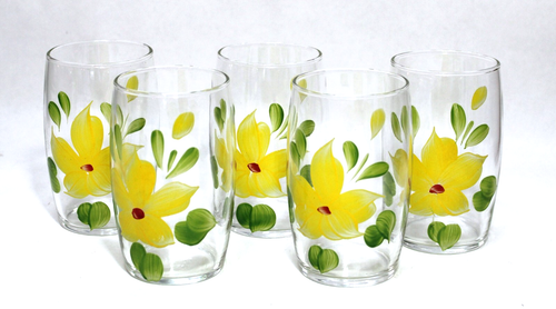 Vintage Bartlett Collins Glass Tumblers Gay Fad Yellow Flowers 4.5" Tall Set 5 - Picture 2 of 5