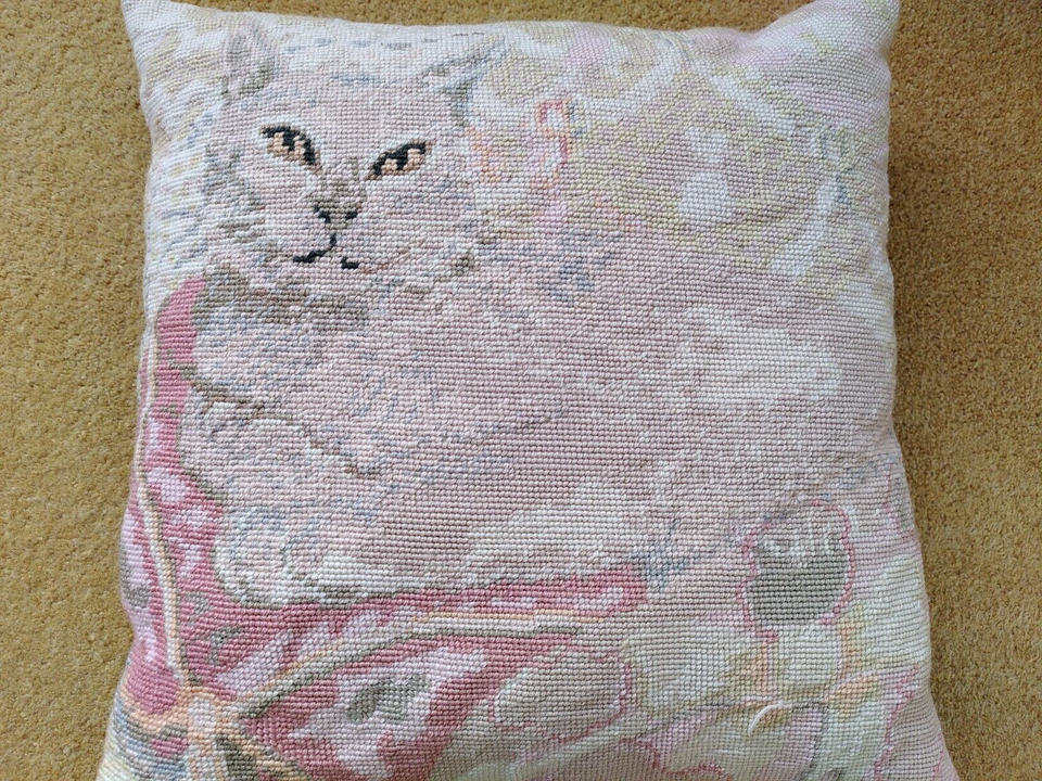 Vintage Ehrman pink cat stitched needlepoint cushion cover Sarah