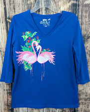Coral Bay Christmas Flamingo Shirt Womans L Beaded V Neck 3/4 Sleeve Tropical