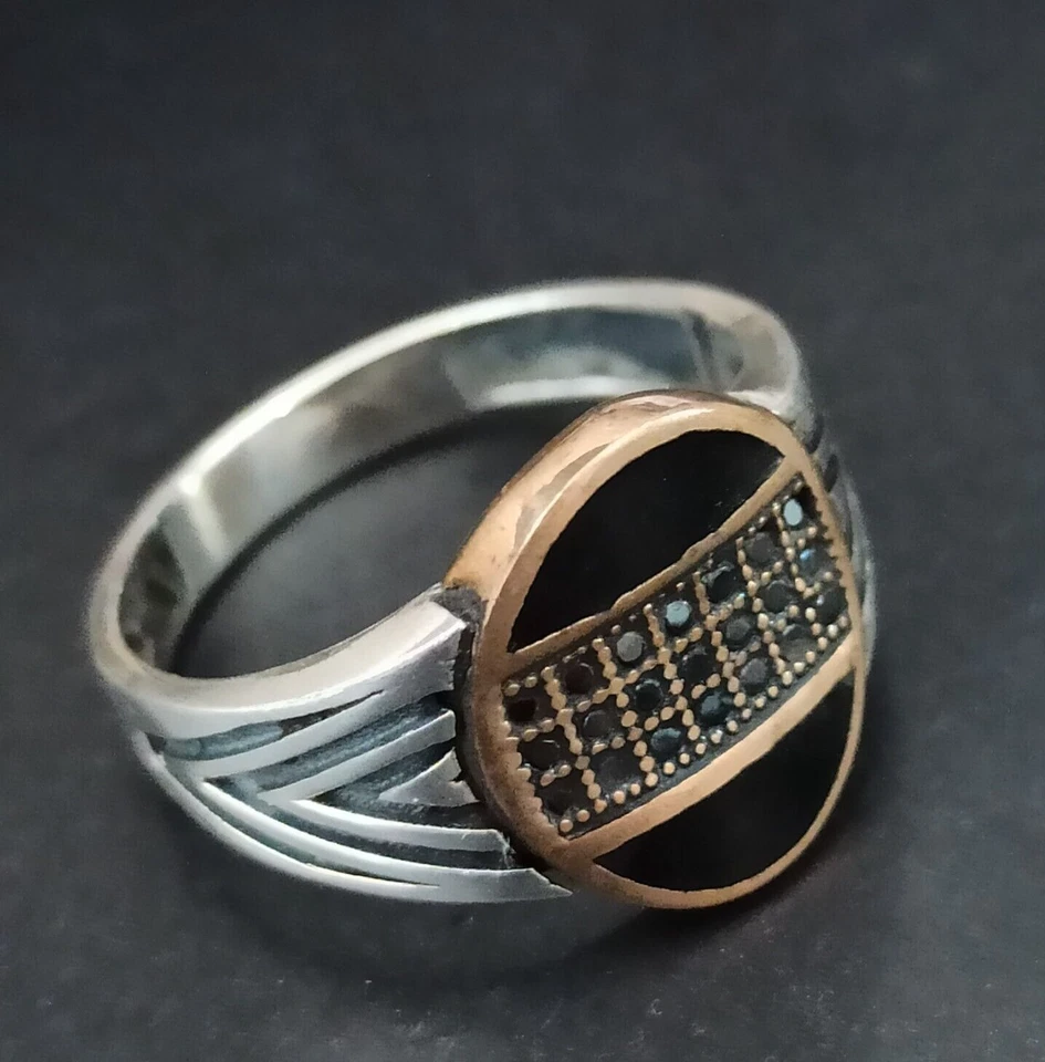 Мужское кольцо 11,75 ар-деко возрождение серебро бронза черная эмаль геометрический ретро винтажный - Изображение 2 из 4