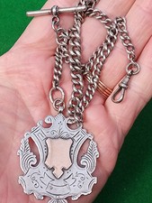 Antique GRADUATED  Sterling Silver Single ALBERT POCKET WATCH CHAIN  1907 + Fob