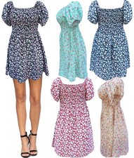 Womens Short Floral Cotton Blend Smocked Summer Sun Dress