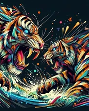 " Wild monster Tigers fighting " splashes of paint abstract art #2 Reprint