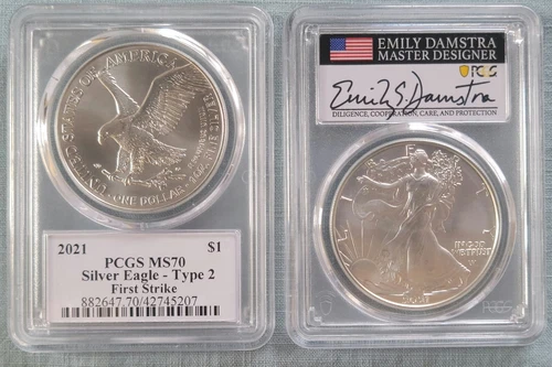 2021 $1 Silver Eagle Type 2 PCGS MS70 FIRST STRIKE EMILY DAMSTRA