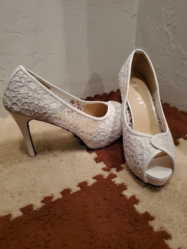 Allegra K Women's 9 White Lace Open Toe Platform Stiletto Heels - Picture 2 of 11