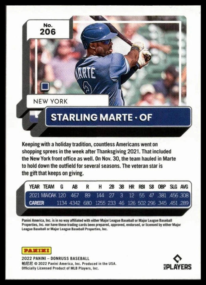2022 DONRUSS #206 STARLING MARTE NEW YORK METS - Image 2 of 2