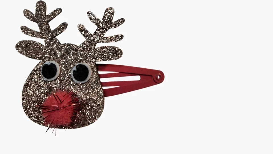 Reindeer Glitter Hair Clips Red Pom Pom Nose Glitter Antlers Girls Christmas - Image 3 of 4