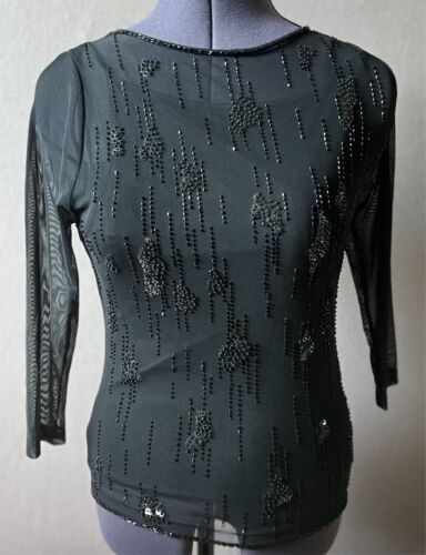 2 in 1 Festlich Top Chiffon Bluse/Shirt 3/4 Arm Pailletten Perlen schwarz S TOP - Bild 2 von 9
