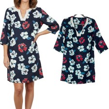 Talbots Floral Linen Dress XS Navy Red White Beaded V Neck Casual