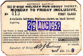 Railway ticket: Southern Railway: Isle of Wight Holiday ticket 1952; reverse map