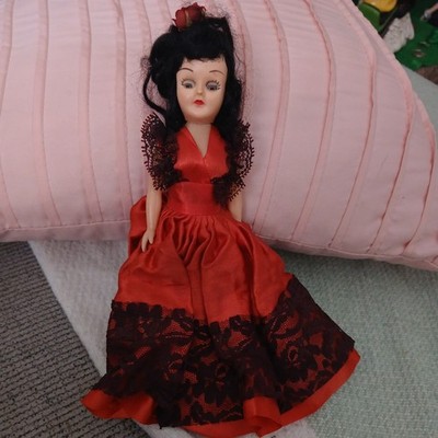 1950s International Doll, Spanish, Eyes Blink, 7.5'' T, Red Satin/Black Lace