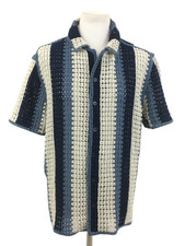 Marks  Spencer Men's Crochet Knitted Shirt Ecru  Blue Stripe S/Sleeve NWOT F1