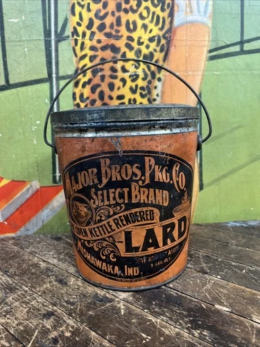 VINTAGE MAJOR BROS 9 LB LARD TIN CAN SIGN MISHAWAKA INDIANA PIG KITCHEN DECOR