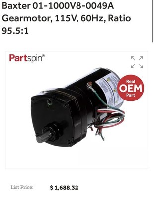 Baxter 01-1000V8-0049A Gearmotor, 115V, 60Hz, Ratio 95.5:1. New