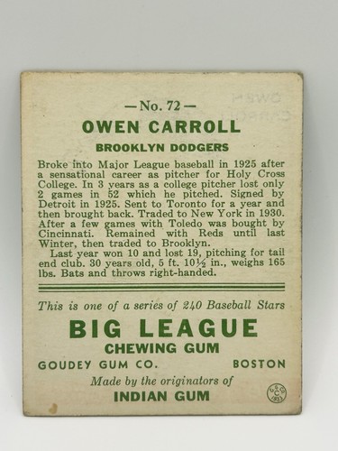 1933 Goudey #72 Owen Carroll - Picture 6 of 6