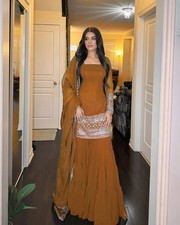 Indian Style Faux Georgette Palazzo Suit With Yellow Dupatta For Wedding Wear