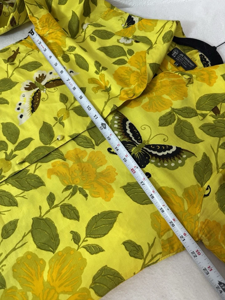 Jim Thompson Thai Silk Blouse Women 14 Yellow Butterfly Button Up Hawaiian Shirt - Image 3 of 4