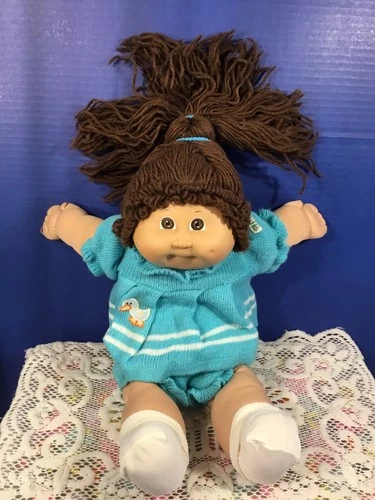 Vintage Cabbage Patch Doll 1978-1982 Brown Hair Brown Eyes Blue Knit Outfit
