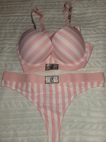 SET 2 PIECES VICTORIA SECRET VERY SEXY PINK STRIPED BRA 36.C THONG (L)