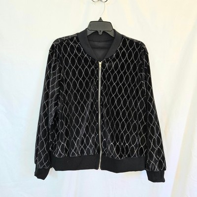 SHEIN LUNE Plus Black Velvet Silver Glitter Argyle Pattern Bomber Jacket 1X NWOT