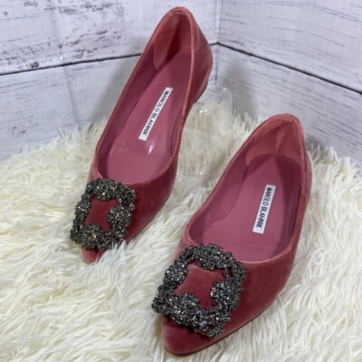 Manolo Blahnik HANGISI Pink Velvet Jewel Buckle Pumps [US 3/EU